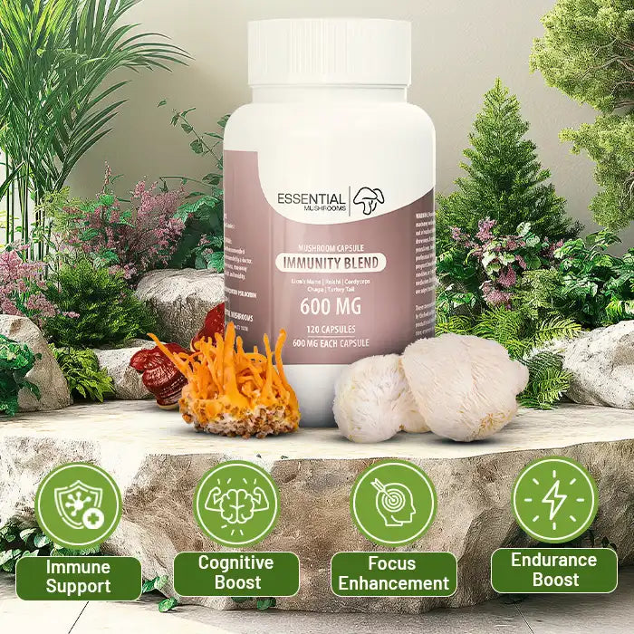 essential mushrooms immunity blend mushroom extract 600mg capsules benefits pic