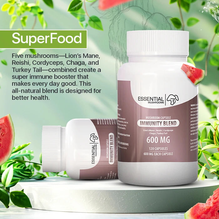 essential mushrooms immunity blend mushroom extract 600mg capsules supplements