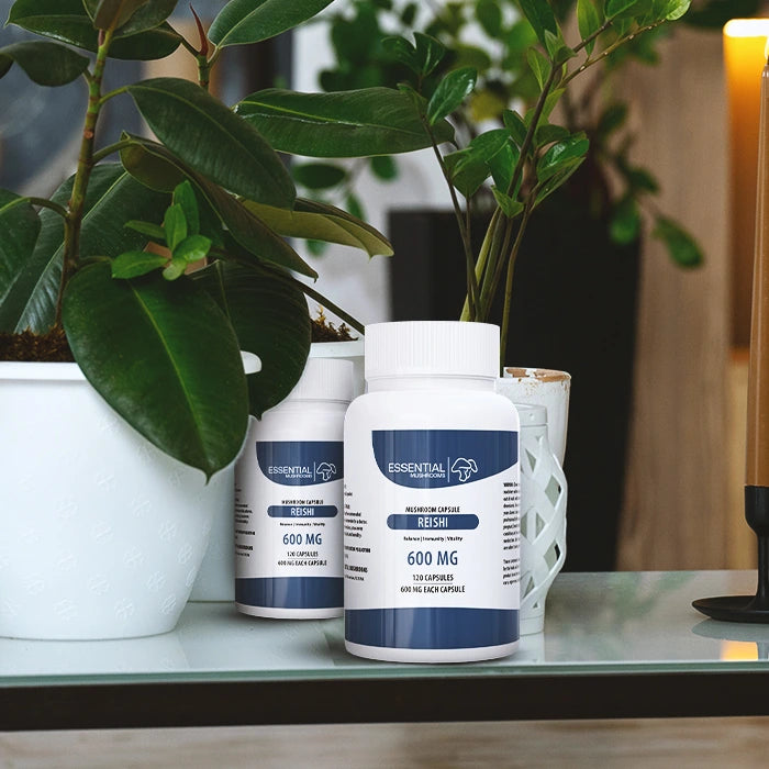 essential mushrooms reishi mushroom extract 600mg capsules lifestyle pic