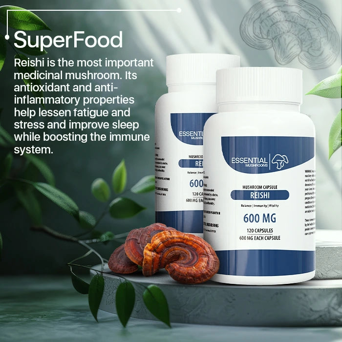 essential mushrooms reishi mushroom extract capsules 600mg supplement