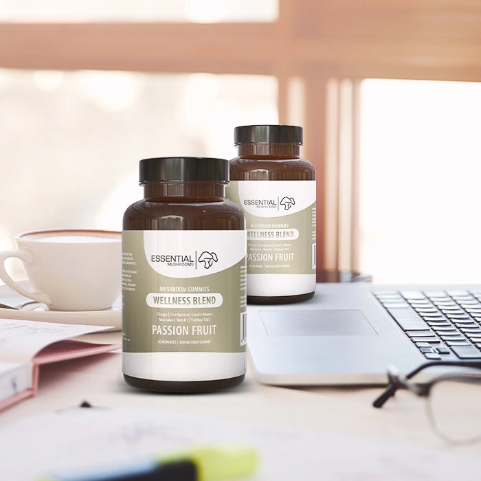 essential mushrooms wellness blend mushroom extract gummies lifestyle pic