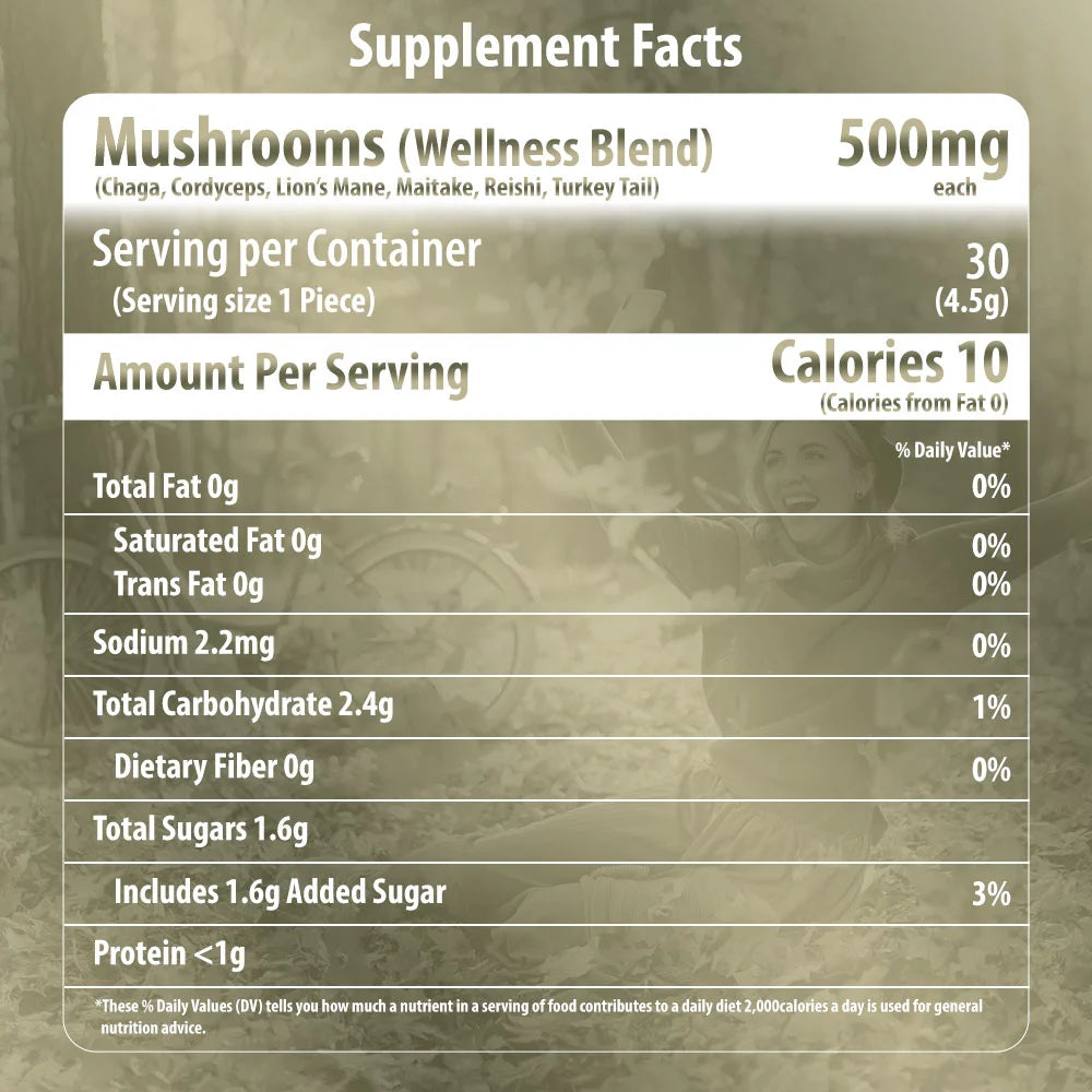 essential mushrooms wellness blend mushroom extract gummies supplement facts