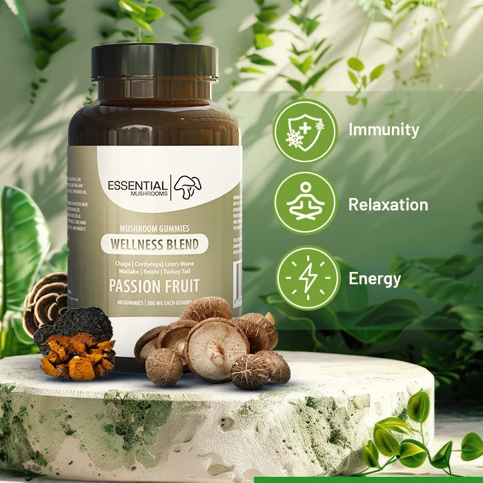 essential mushrooms wellness blend mushroom extract gummies benefits pic