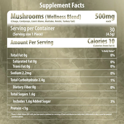 essential mushrooms wellness blend mushroom extract gummies supplement facts